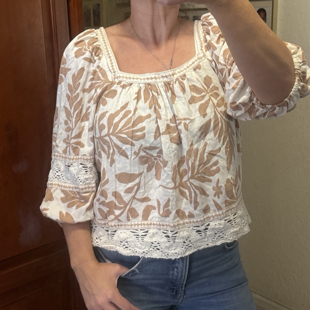 Christian Siriano Linen Blend Floral Square Neck Crochet Blouse‎ Top Shirt Sz L